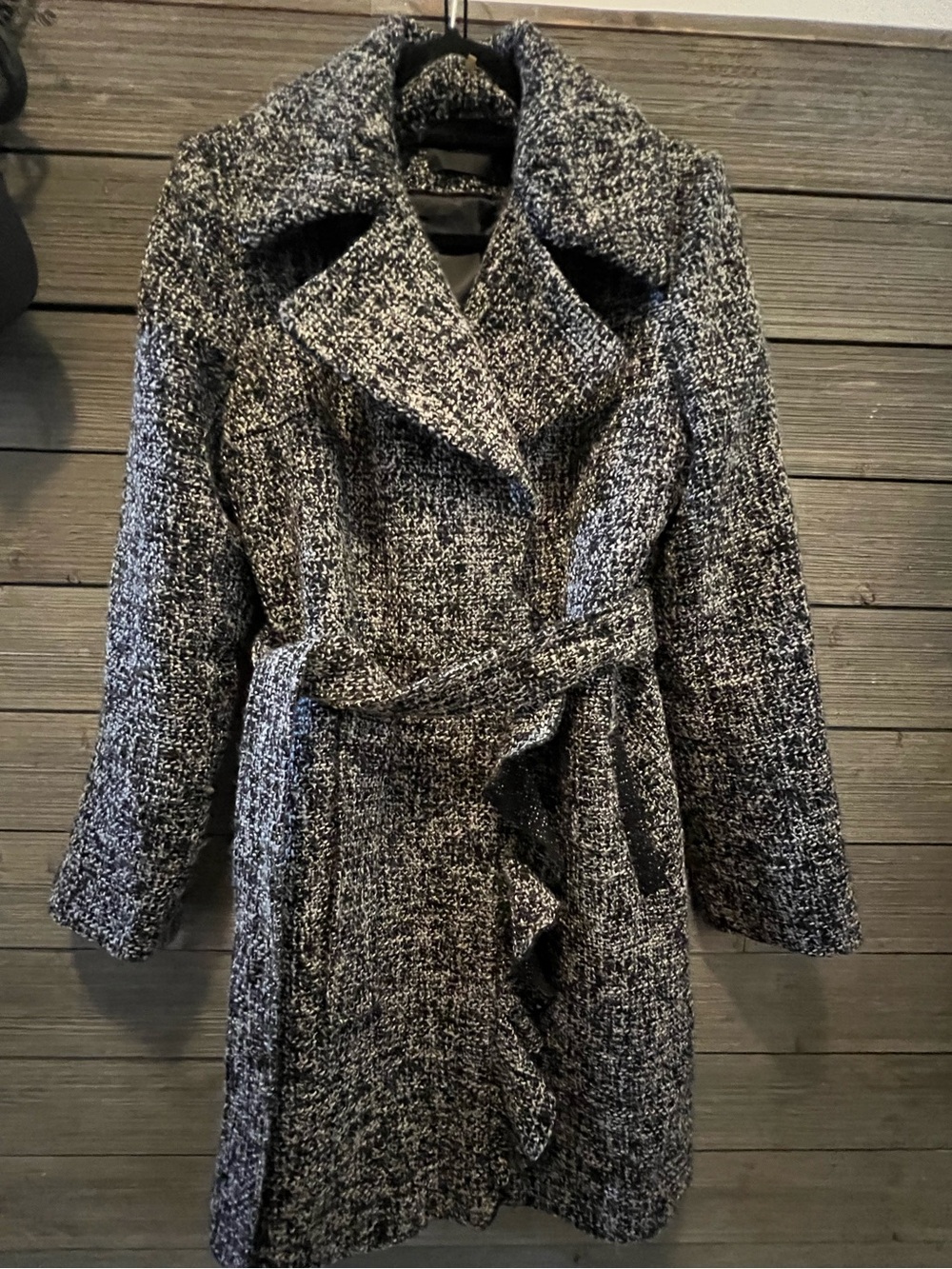 Women's Black and White Tweed Wrap Belted Coat